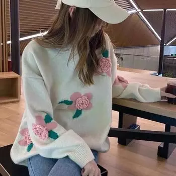 WTEMPO Женский свитер с длинным рукавом и круглым вырезом, модный цветочный трикотаж для девочек, мягкие и удобные вязаные топы, свитера S