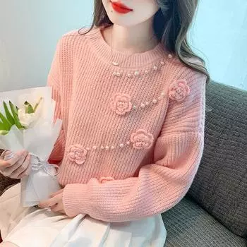 WTEMPO Женский свитер с длинным рукавом и круглым вырезом, модный цветочный трикотаж для девочек, мягкие и удобные вязаные топы, свитера XXL фиолетовый