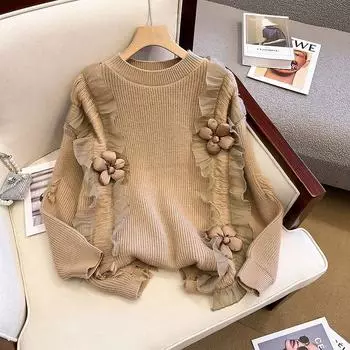 WTEMPO Женский свитер с длинным рукавом и круглым вырезом, модный цветочный трикотаж для девочек, мягкие и удобные вязаные топы, свитера One size хаки