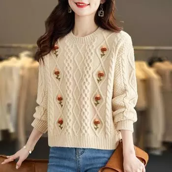 WTEMPO Женский свитер с длинным рукавом и круглым вырезом, модный цветочный трикотаж для девочек, мягкие и удобные вязаные топы, свитера S