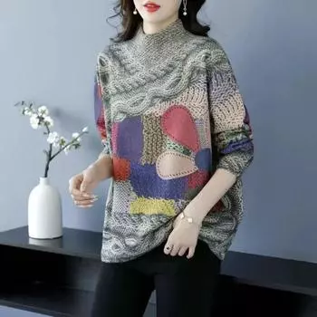 WTEMPO Женский свитер с длинным рукавом Модный принтованный трикотаж для девочек Мягкие удобные вязаные топы Свободные свитера M