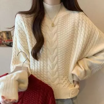 WTEMPO Женский свитер с длинными рукавами-фонариками и круглым вырезом, модный трикотаж для девочек, мягкие и удобные вязаные топы, свитера S красный