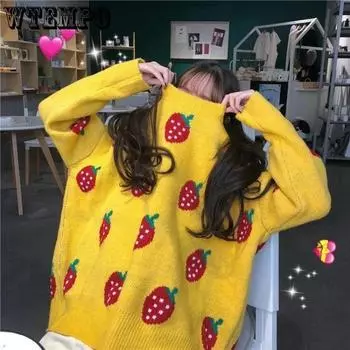 WTEMPO Женский свитер с длинными рукавами и принтом клубники, симпатичный трикотаж для девочек, свободный вязаный джемпер с круглым вырезом, пуловер, топы для вязания One Size чёрный