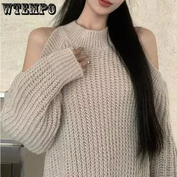 WTEMPO Женский свитер с открытыми плечами, свободные повседневные трикотажные платья в стиле панк, пуловеры с круглым вырезом, топы с длинными рукавами S хаки