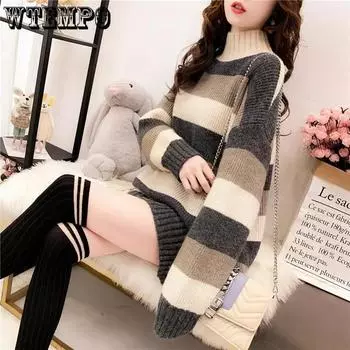 WTEMPO Женский свитер средней длины с длинными рукавами, осенне-зимний полосатый трикотаж, свободный корейский стиль, цветной пуловер, вязаный джемпер One Size белый