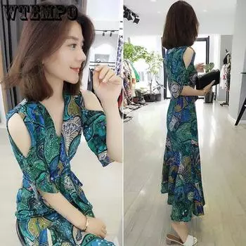 WTEMPO женское богемное шифоновое платье с v-образным вырезом и открытыми плечами, пляжное длинное платье макси S зелёный