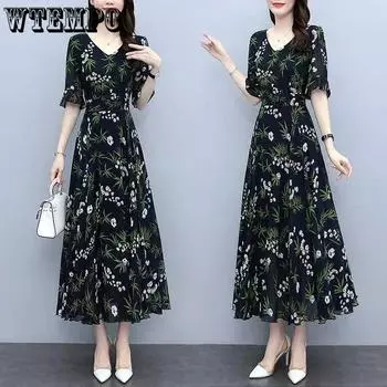 WTEMPO женское летнее платье больших размеров, пляжное платье с принтом для отпуска, темпераментное платье с талией, свободное платье с цветочным принтом S зелёный