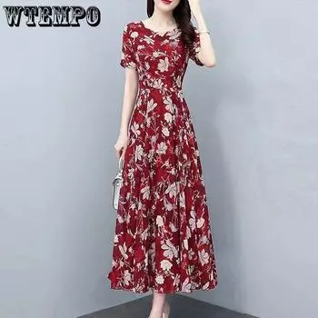 WTEMPO женское летнее платье больших размеров, пляжное платье с принтом для отпуска, платье с талией, темпераментное свободное платье с цветочным принтом M красный