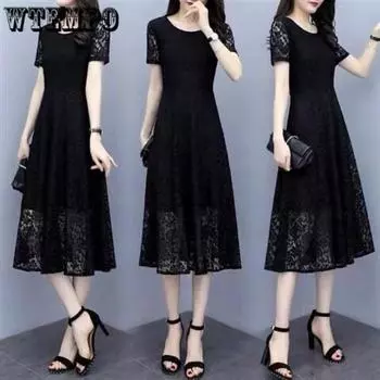 WTEMPO женское летнее платье больших размеров, сексуальное кружевное платье с видимой талией, тонкая юбка с цветочным принтом, уличная мода, дышащее тонкое длинное платье внутри L чёрный