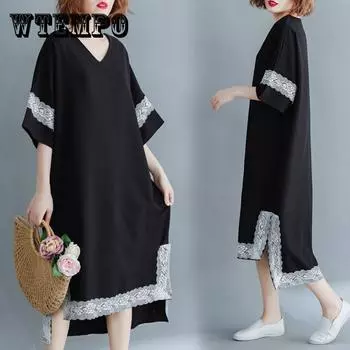 WTEMPO женское летнее платье черного кружева большого размера XL-XXXXL свободное длинное с v-образным вырезом нерегулярной формы XXXXL чёрный