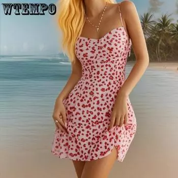 WTEMPO Женское летнее платье, плиссированное, эластичное, тонкое, сексуальное, на бедрах, облегающее платье, платье на тонких бретельках, мини-клубное платье S розовый