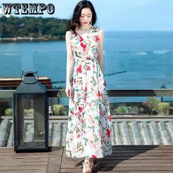WTEMPO женское летнее платье с бретелькой на бретельках, пляжный отдых, свободное пляжное платье с принтом, платье с цветочным принтом, богемное платье M разноцветный
