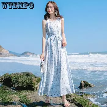 WTEMPO женское летнее платье с бретелькой на шее, пляжное платье с принтом для отпуска и отдыха, богемное платье, свободное платье с цветочным принтом, платье феи