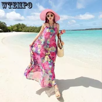 WTEMPO женское летнее платье с лямкой на шее, свободное пляжное платье для отдыха, шифоновое платье с принтом S розовый