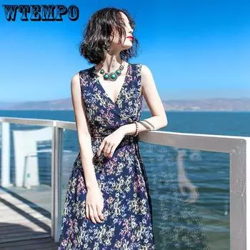WTEMPO женское летнее платье с v-образным вырезом, пляжное платье с морским принтом для отдыха, богемное платье с талией, свободное платье с цветочным принтом, платье феи M разноцветный