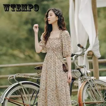 WTEMPO женское летнее винтажное праздничное платье с высокой талией, элегантное тонкое шифоновое длинное плиссированное платье с цветочным принтом XXXL