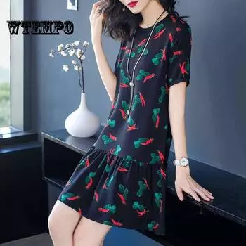 WTEMPO Женское платье с коротким рукавом и цветочным принтом, женские пляжные вечерние платья трапециевидной формы с круглым вырезом XL чёрный