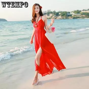WTEMPO женское шифоновое платье сексуальное платье с лямкой на бретельках с глубоким вырезом свободная талия тонкое платье на бретелях полое вечерние богемное платье S красный