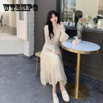 WTEMPO женское весенне-летнее винтажное праздничное платье супер феи с высокой талией, элегантное тонкое шифоновое плиссированное платье с цветочным принтом S