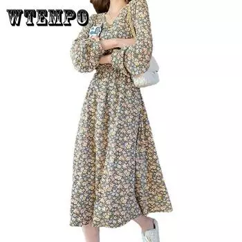WTEMPO женское винтажное нежное длинное платье с длинными рукавами и цветочным принтом, тонкое шифоновое элегантное праздничное платье с v-образным вырезом XXXL