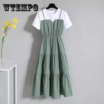 WTEMPO женское винтажное праздничное платье с высокой талией и круглым вырезом, элегантное, тонкое, большого размера, плиссированное повседневное платье с короткими рукавами L