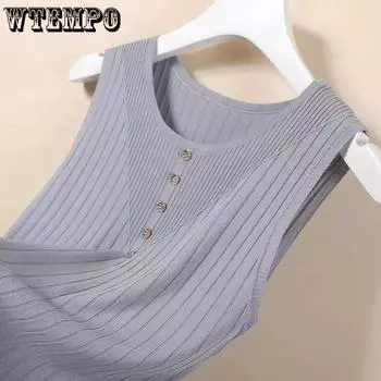 WTEMPO Жилеты-майки с круглым вырезом на пуговицах, большие размеры, однотонные повседневные универсальные рубашки, женские весенне-летние майки без рукавов M чёрный