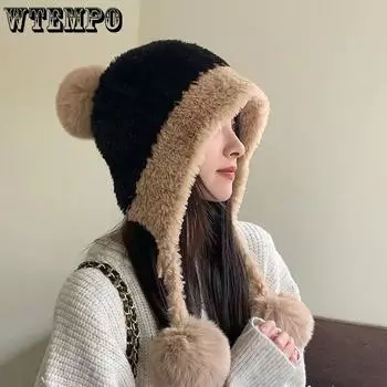 WTEMPO Зимние милые плюшевые шапки из искусственного меха для женщин, большого размера, ветрозащитные, морозостойкие, толстые, теплые, повседневные, мягкие шапки One Size чёрный