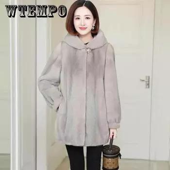 WTEMPO зимние модели шубы из искусственного норкового меха, свободная шуба из норки, женская утолщенная куртка средней длины с капюшоном XXXXL