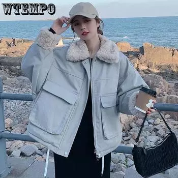 WTEMPO зимние теплые шерстяные женские куртки большого размера на хлопковой подкладке, однотонные повседневные свободные утепленные короткие хлопковые парки S чёрный