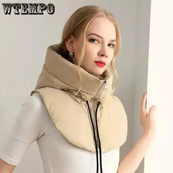WTEMPO Зимние ультралегкие пуховые хлопковые шапки с капюшоном для женщин и мужчин, однотонные теплые шарфы, шапки для защиты шеи и ушей, застегивающиеся на молнию, шаль, шарфы One Size бежевый