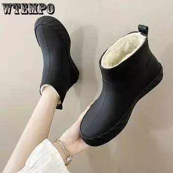 WTEMPO Зимние, устойчивые к холоду, теплые, резиновые сапоги, женская обувь для плавания, утепленные хлопковые резиновые сапоги для улицы, нескользящие, для взрослых, для работы на кухне 40 чёрный