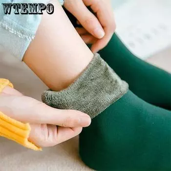 WTEMPO Зимние женские бесшовные толстые плюшевые теплые носки для пары, домашние повседневные универсальные эластичные однотонные носки-тапочки 4 pairs чёрный
