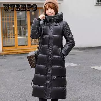 WTEMPO зимняя пуховая стеганая женская куртка средней длины длиной выше колена, тонкая хлопковая стеганая куртка для похудения XXXL