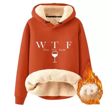 WTF WINE TIME FINALLYЖенская модная флисовая теплая свободная толстовка с капюшоном и принтом букв L оранжевый
