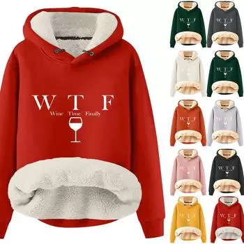 WTF WINE TIME FINALLYЖенская модная флисовая теплая свободная толстовка с капюшоном и принтом букв M