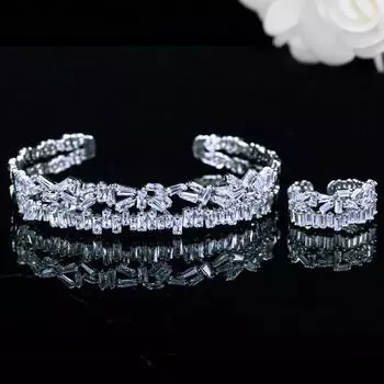 WWJ 2 шт. багет с цирконием, регулируемые манжеты, кольца, браслеты, наборы украшений розового золота