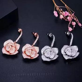 WWJ 3D геометрические серьги розового золота с цирконием, ювелирные изделия розового золота