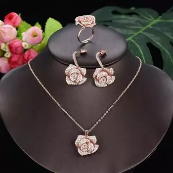 WWJ 3PS геометрическое розовое золотое регулируемое кольцо с цветком циркония, ожерелье, наборы из 3 предметов розового золота