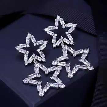 WWJ блестящие двойные звезды большие серьги-капли циркон свадебные украшения для женщин белый