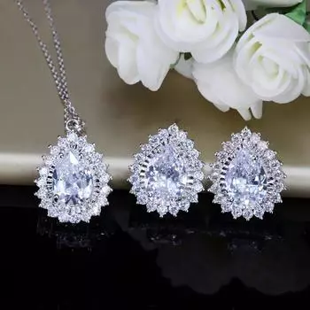 WWJ блестящие грушевидные серьги-гвоздики с кубическим цирконием, комплект ожерелья белого золота