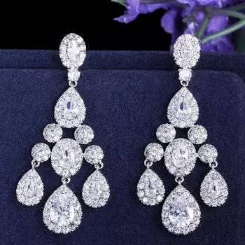 WWJ Bridal AAA Серьги-люстры с кубическим цирконием и каплями воды белый