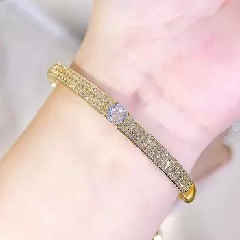 WWJ Classic Hand Jewelry Circle Golden Bracelet Shiny CZ Zirconia Bangle Elegant Female Party Jewelry Accessories Gift золотой