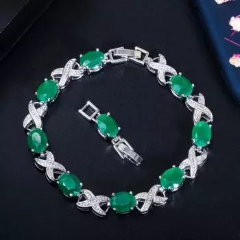 WWJ Ins Style Овальные браслеты с цирконием X-образной формы Свадебные аксессуары изумрудный