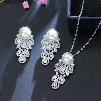 WWJ Элегантные серебряные серьги и ожерелья в форме листа циркония с цирконием серебряный