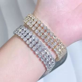 WWJ Элегантные высококачественные 3 ряда круглых циркониевых теннисных браслетов для женщин, свадебных вечеринок, банкетных украшений, аксессуаров, подарков золотой