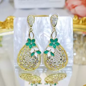 WWJ Классические старинные растительные цветочные дизайн Sense Длинные светло-зеленые и розовые серьги-подвески Heavy Industry Zircon Женские аксессуары для вечеринок