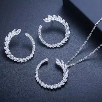 WWJ Ladies Party Цирконий Круглая форма листа Кулон Ожерелье Серьги Набор белого золота