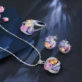 WWJ Мода Вращающийся Дизайн Красочные Цирконий Кольцо Серьги Ожерелье Набор 6 белый