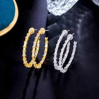 WWJ Модные большие круглые серьги-кольца из белого золота с блестящим бамбуковым цирконием золотой