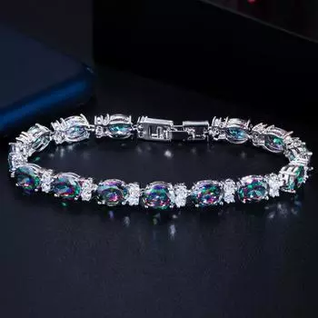 WWJ Mystic Rainbow овальный теннисный браслет с цирконием серебряного цвета разноцветный